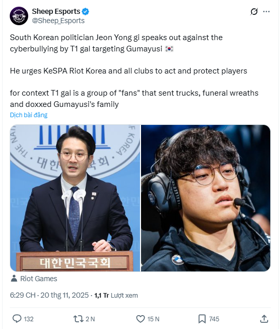 Nghị sĩ Hàn lên tiếng vụ việc của Gumayusi nhưng đây mới là “thủ phạm” thực sự